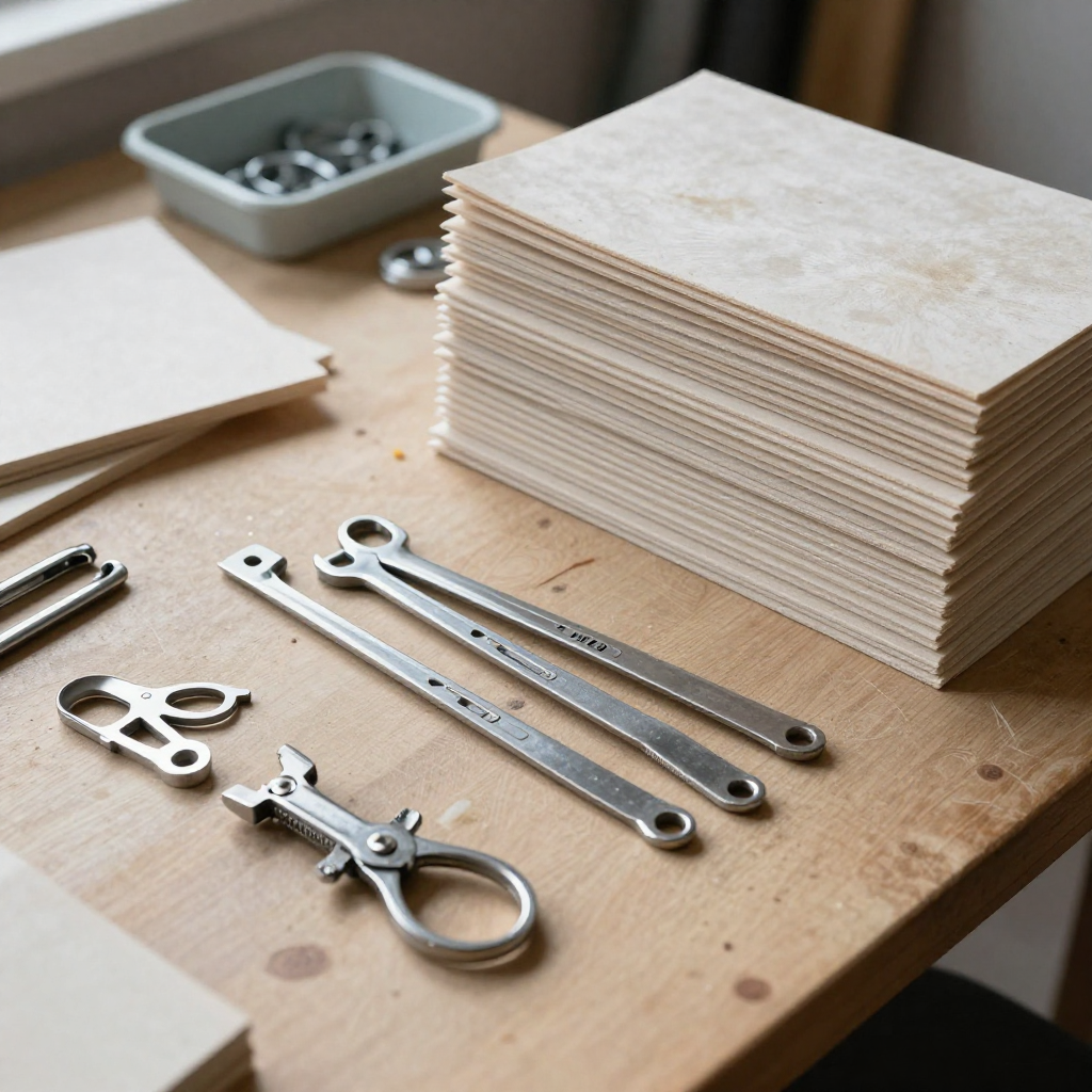 Ambachtelijke materialen en gereedschappen op werktafel
